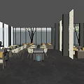 Modern Sales Office With Glass Facade Black Roof Surrounded By Trees And Landscaped Garden