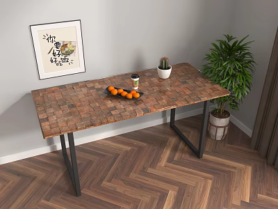 Wooden Patchwork Table With Oranges Cup And Potted Plant In Herringbone Floor Room 3d model