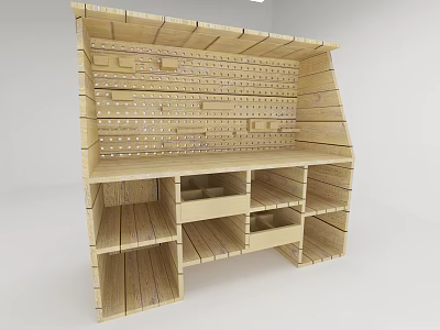 Wooden Display Shelf With Multiple Compartments And Pegboard Design For Storage 3d model