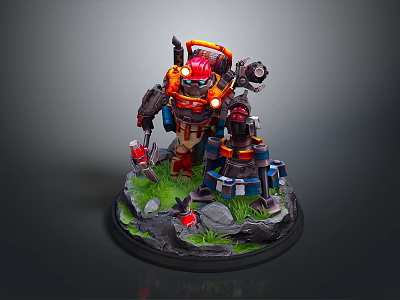 Game Movie Mechanical Character With Red Orange Glowing Lights Standing On Base With Grass Rocks 3d model