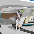 Modern Entrance Gate Design With Central Fountain And People Activities Surrounded By Green Trees