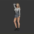 Blonde Woman In Gray Long Sleeve Top And Plaid Skirt Standing With Hand On Head