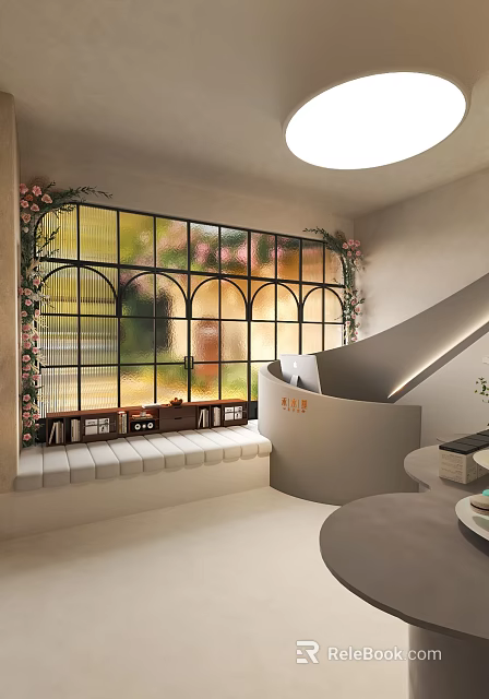 Elegant Shop Window With Arched Glass Panels And Floral Decorations Near Staircase 3d model 