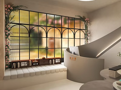 Elegant Shop Window With Arched Glass Panels And Floral Decorations Near Staircase 3d model