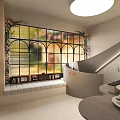 Elegant Shop Window With Arched Glass Panels And Floral Decorations Near Staircase
