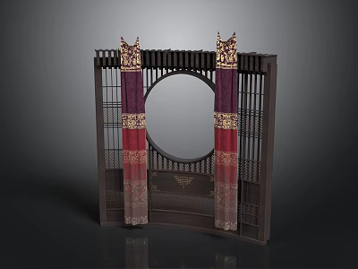 Traditional Chinese Wooden Screen With Circular Mirror And Red Purple Curtains 3d model