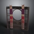 Traditional Chinese Wooden Screen With Circular Mirror And Red Purple Curtains