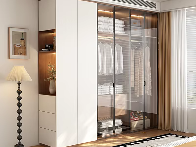 Modern Wardrobe Design With Glass Doors Hanging Clothes Storage Drawers And Decorative Plants 3d model