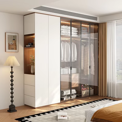 Modern Wardrobe Design With Glass Doors Hanging Clothes Storage Drawers And Decorative Plants 3d model