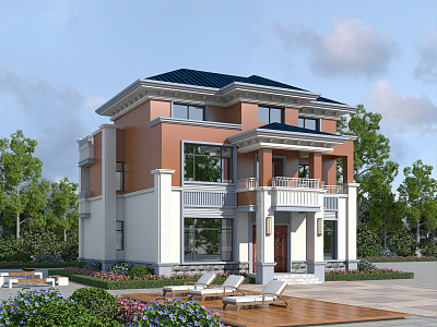 American style single-family villa with courtyard villa rural self-built house 3d model