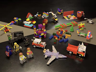 Colorful Building Blocks Featuring Various Toy Models Including Vehicles Houses Airplanes and Minifigures 3d model