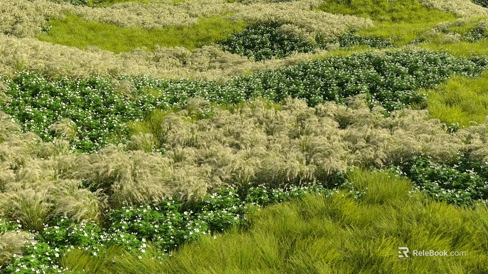 Lush Green and Light Yellow Green Shrubs with White Flowers in Natural Garden Landscape 3d model 