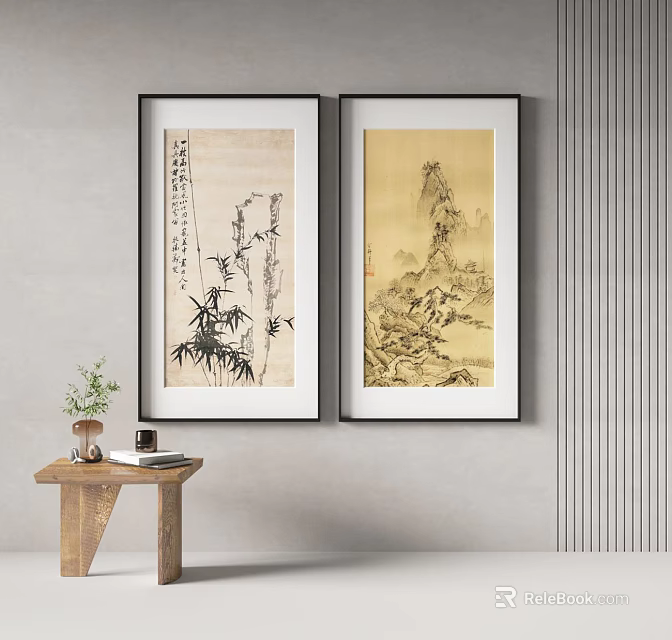 Traditional Chinese Paintings With Bamboo Calligraphy And Landscape Art In Interior Decor 3d model 