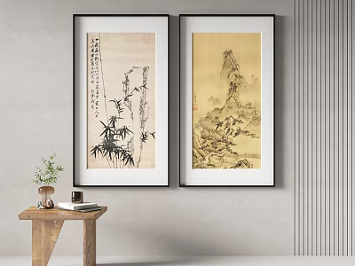 Traditional Chinese Paintings With Bamboo Calligraphy And Landscape Art In Interior Decor 3d model