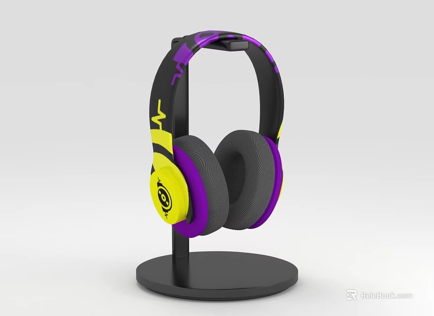 Patterned Over Ear Headphones With Black Purple Yellow Colors On Black Stand 3d model 