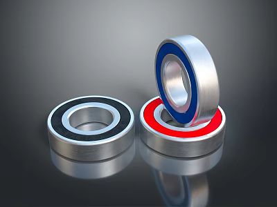 Household Bearings With Silver Blue And Red Rings Stacked On Surface 3d model
