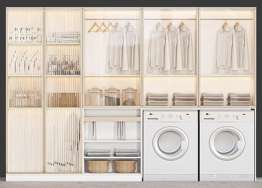Modern Laundry Room With Two Washing Machines Hanging Clothes And Storage Cabinets 3d model 
