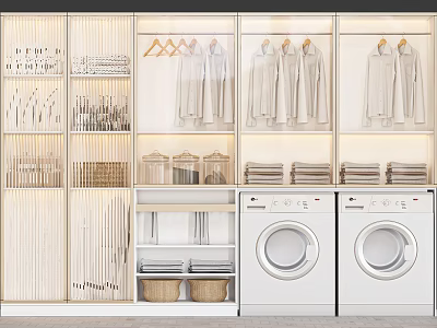 Modern Laundry Room With Two Washing Machines Hanging Clothes And Storage Cabinets 3d model