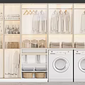 Modern Laundry Room With Two Washing Machines Hanging Clothes And Storage Cabinets