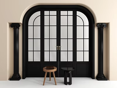 Black Arched Doorway with Glass Panes Flanking Columns and Wooden Stool in Front 3d model