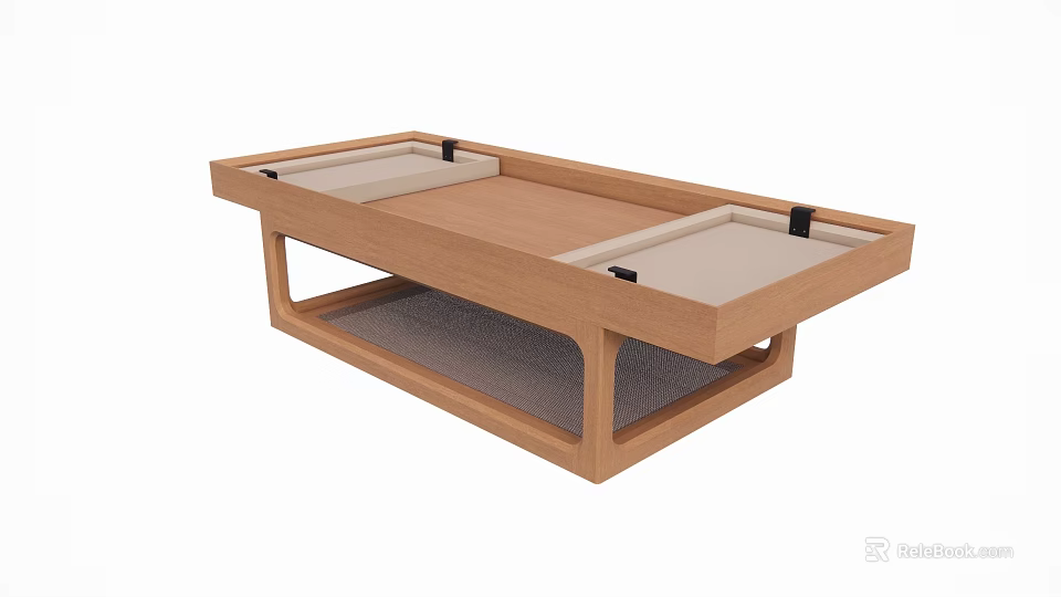 Modern Wooden Table Set With Cushioned Compartments And Open Lower Shelf 3d model 