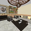 Elegant Chinese Clubhouse Lounge With Wooden Grille Decor Bookshelves Sofa And Tea Table