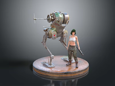 Female Character With Mechanical Walker Figure Green Red Details And Weapon On Circular Base 3d model