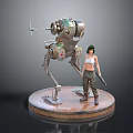 Female Character With Mechanical Walker Figure Green Red Details And Weapon On Circular Base