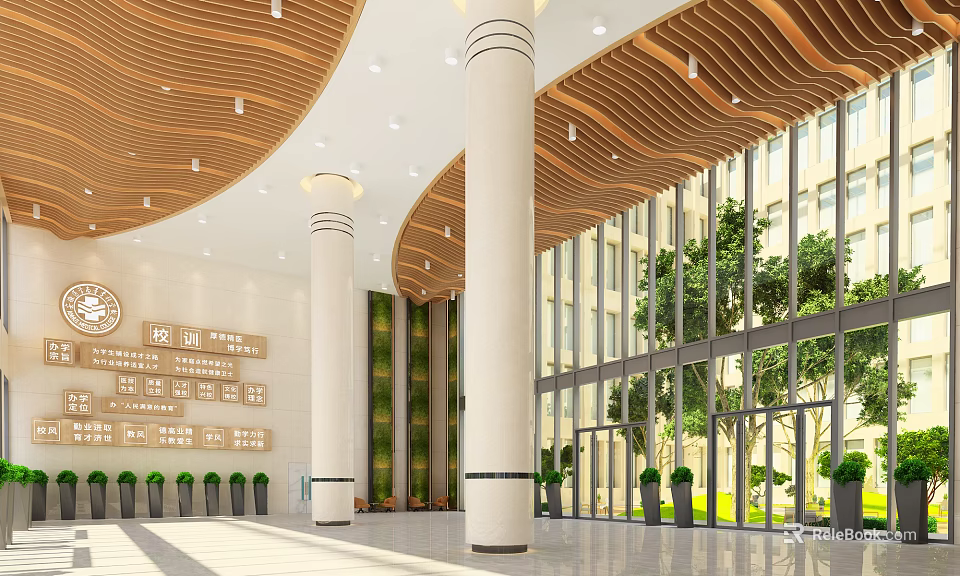 Modern School Lobby Interior With Glass Curtain Wall Columns And Green Plants 3d model 