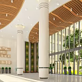 Modern School Lobby Interior With Glass Curtain Wall Columns And Green Plants