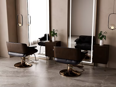 Modern Hair Salon Interior With Brown Salon Chairs Large Mirror Green Plants And Pendant Lights 3d model