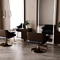 Modern Hair Salon Interior With Brown Salon Chairs Large Mirror Green Plants And Pendant Lights