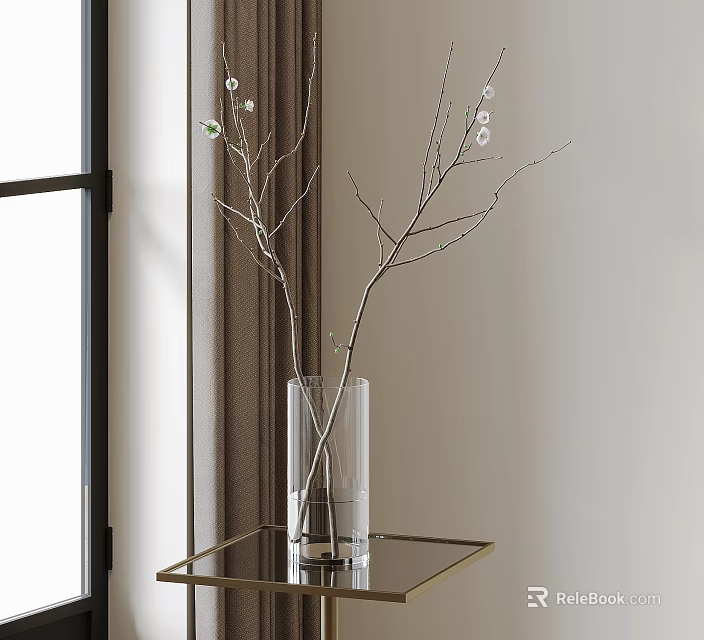 Transparent Glass Vase With Branches And Small White Flowers On Golden Frame Glass Table By Window 3d model 