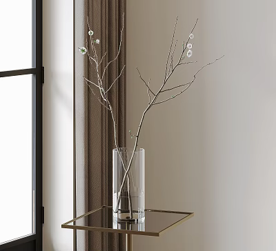 Transparent Glass Vase With Branches And Small White Flowers On Golden Frame Glass Table By Window 3d model