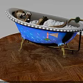 Blue Bathtub With Gold Legs White Foam Dinosaur Toy And Metal Stand On Wooden Floor