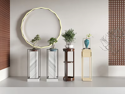 Modern Bonsai Potted Plants With Wooden Metal Stands And Round Mirror Decoration 3d model