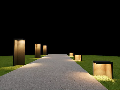 Illuminated Pathway With Modern Square Path Lights And Green Grass At Night 3d model