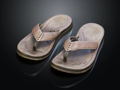 Brown Leather Strap Flip Flops With Flat Sole For Casual Daily Wear 3d model