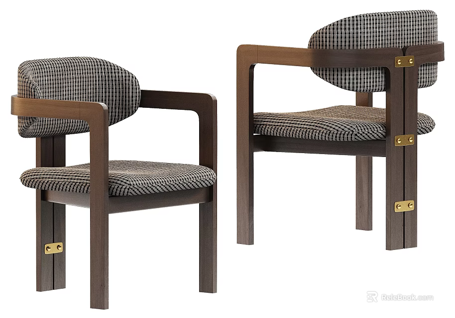 Stylish Wooden Frame Dining Chairs With Houndstooth Fabric And Gold Accents 3d model 