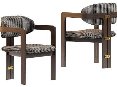 Stylish Wooden Frame Dining Chairs With Houndstooth Fabric And Gold Accents 3d model