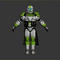3D Model Of Futuristic Sci Fi Character With White And Green Armor Helmet And Cloak