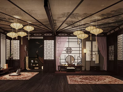Traditional Chinese Living Room Interior With Wooden Structure Lanterns Screens Carpets And Furniture 3d model