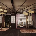 Traditional Chinese Living Room Interior With Wooden Structure Lanterns Screens Carpets And Furniture