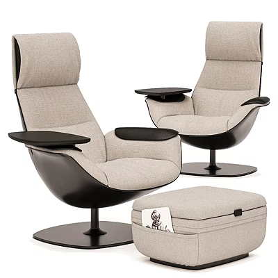 Modern Leisure Chair with Beige Fabric Black Base Armrest Tray and Ottoman 3d model