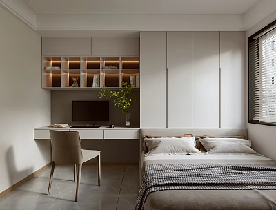 Modern Tatami Bedroom Interior With White Cabinets Desk Chair And Window Blinds 3d model