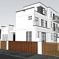 Modern White Two Story Detached Villa With Wooden Fence Trees And Blue Sky