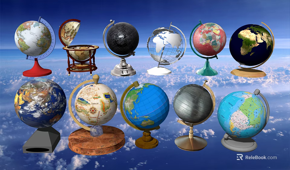 Various Decorative Globe Ornament Set With Different Bases And Colorful Designs For Home Decor 3d model 