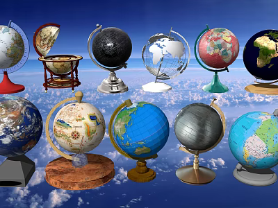 Various Decorative Globe Ornament Set With Different Bases And Colorful Designs For Home Decor 3d model
