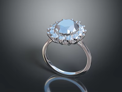 Elegant Silver Ring With Large Center Stone And Sparkling Small Diamonds 3d model