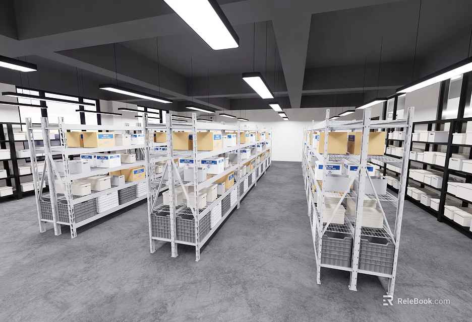 Spacious Industrial Warehouse Interior With Organized Metal Shelves And Cardboard Boxes 3d model 